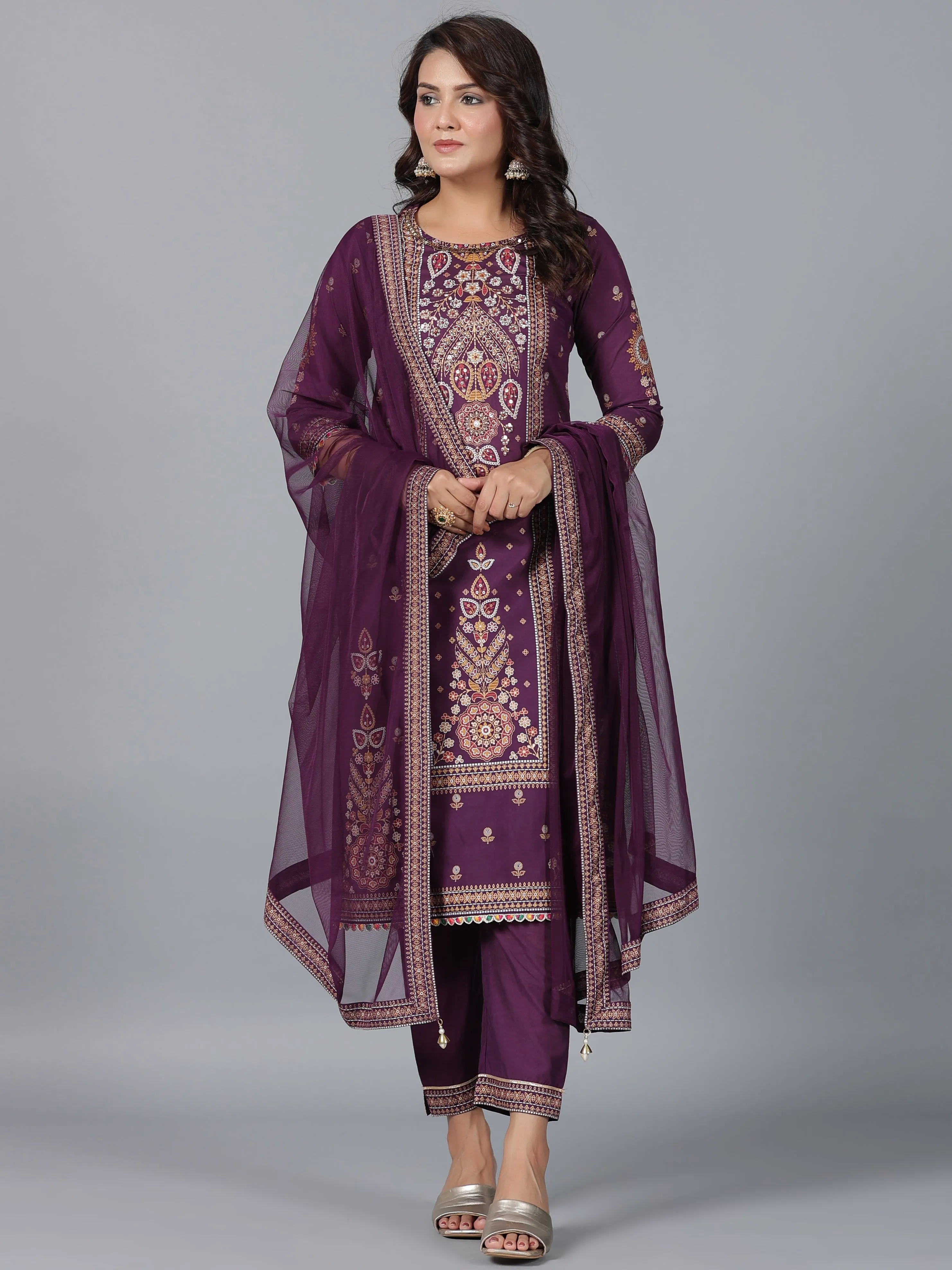 Women Purple Chanderi Printed Kurta Pants & Dupatta Set