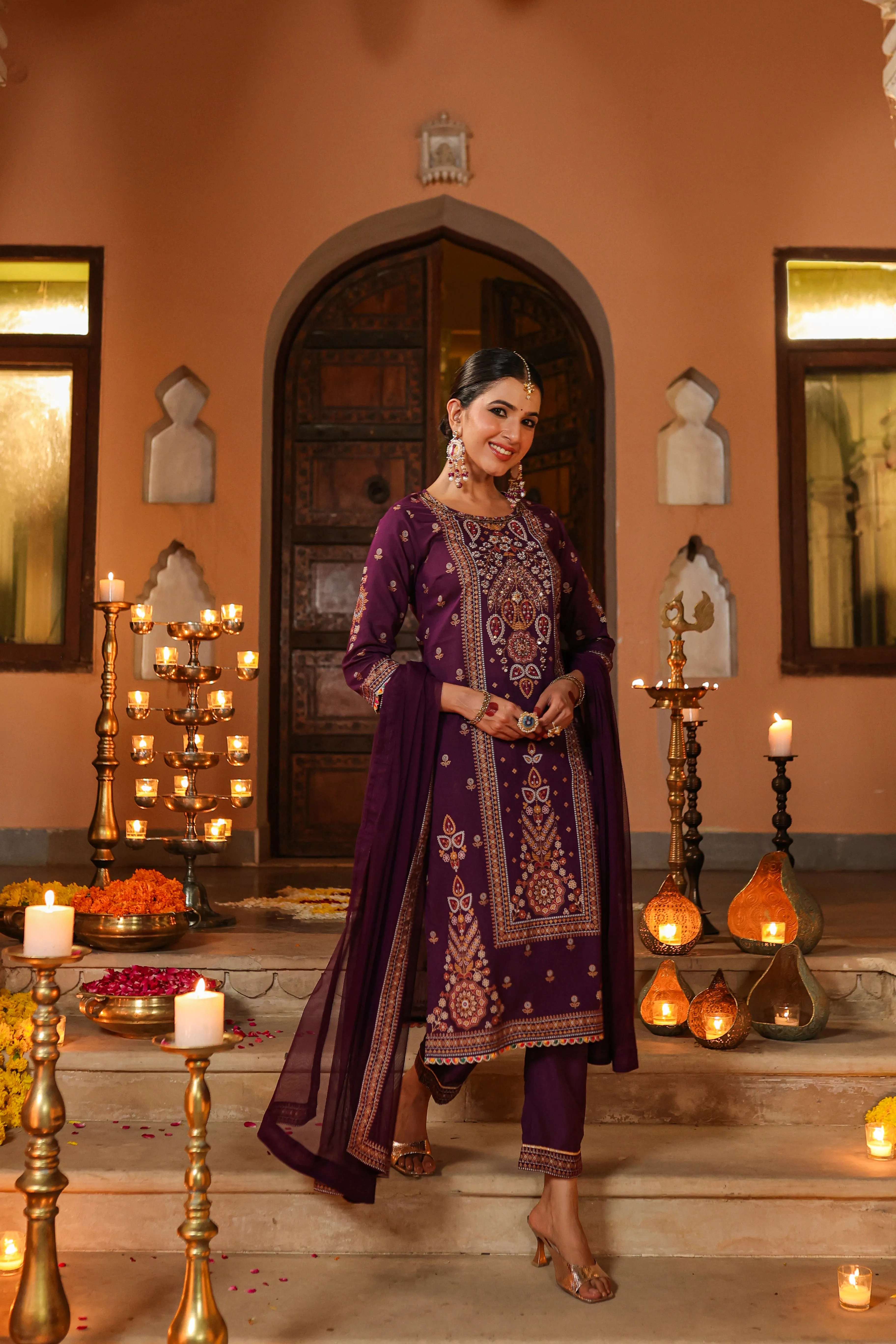 Women Purple Chanderi Printed Kurta Pants & Dupatta Set