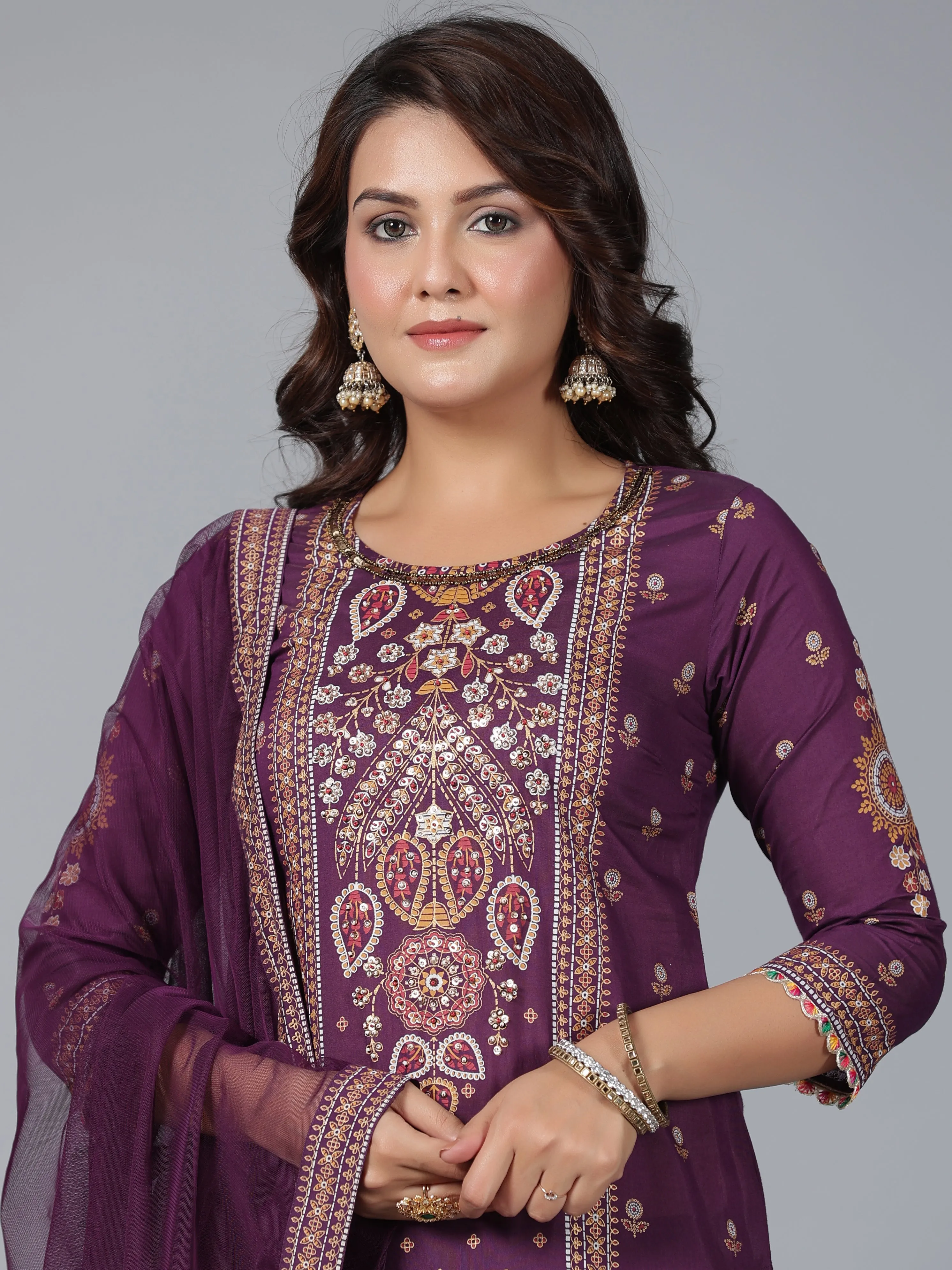 Women Purple Chanderi Printed Kurta Pants & Dupatta Set