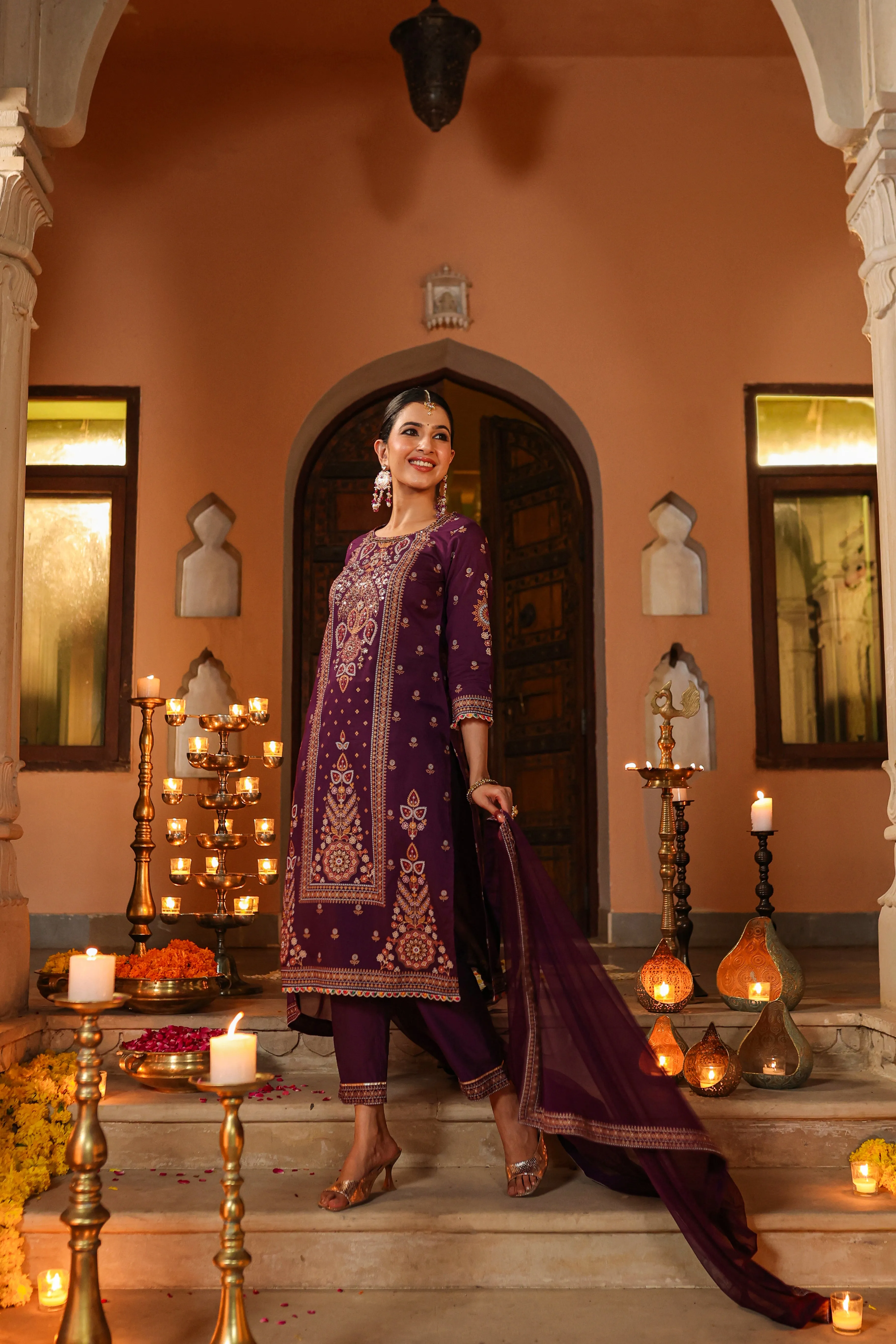 Women Purple Chanderi Printed Kurta Pants & Dupatta Set