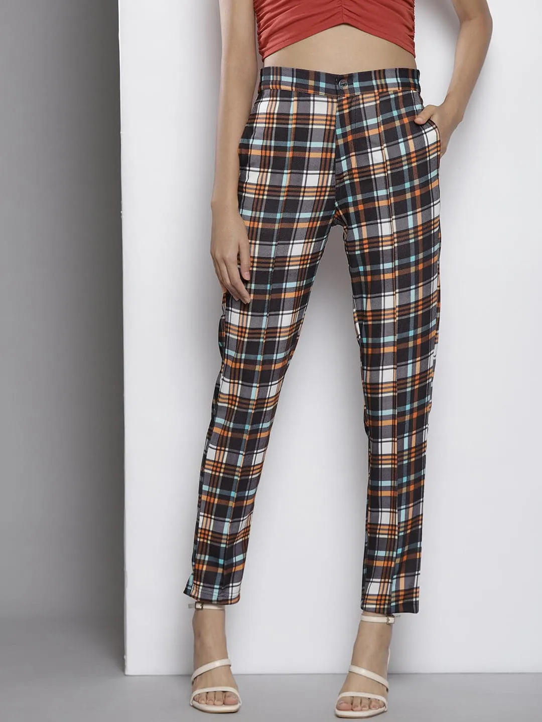 Women Yellow Check Knit Tapered Pants