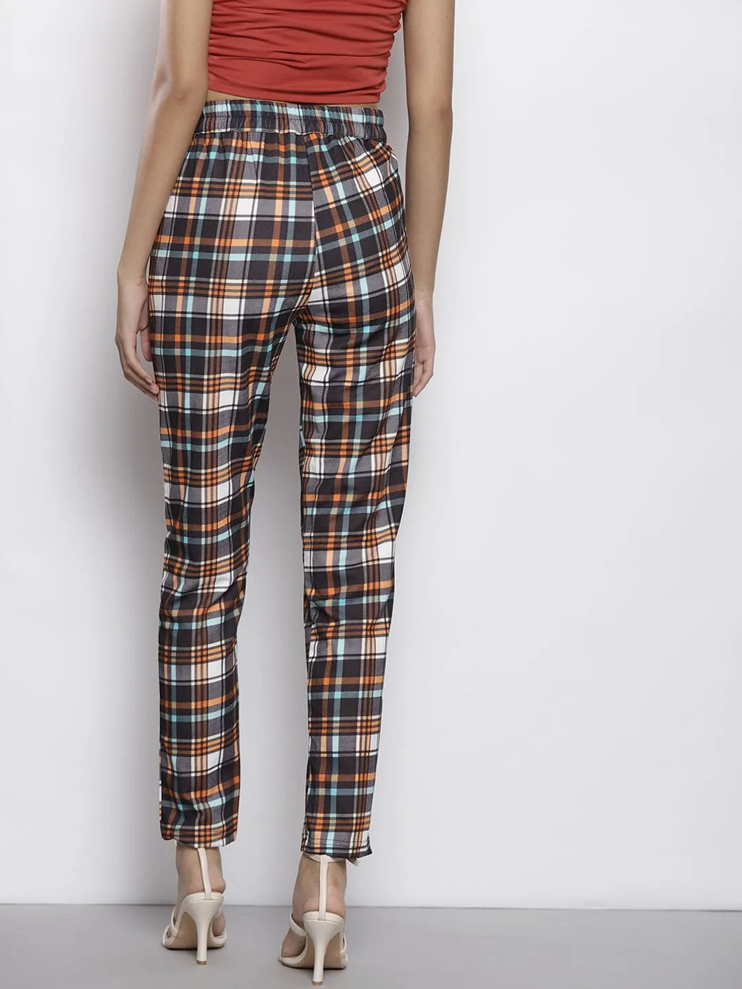 Women Yellow Check Knit Tapered Pants