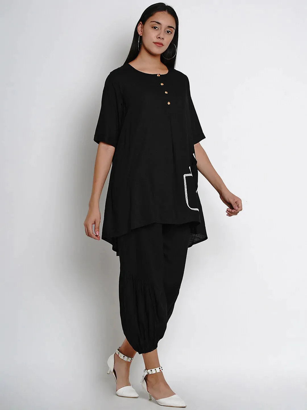 Women'S Black Self Design Kurta With Dhoti Pants