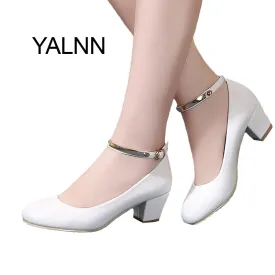 YALNN New Women's High Heels Pumps Sexy Bride Party Thick Heel Round Toe leather High Heel Shoes for office lady Women