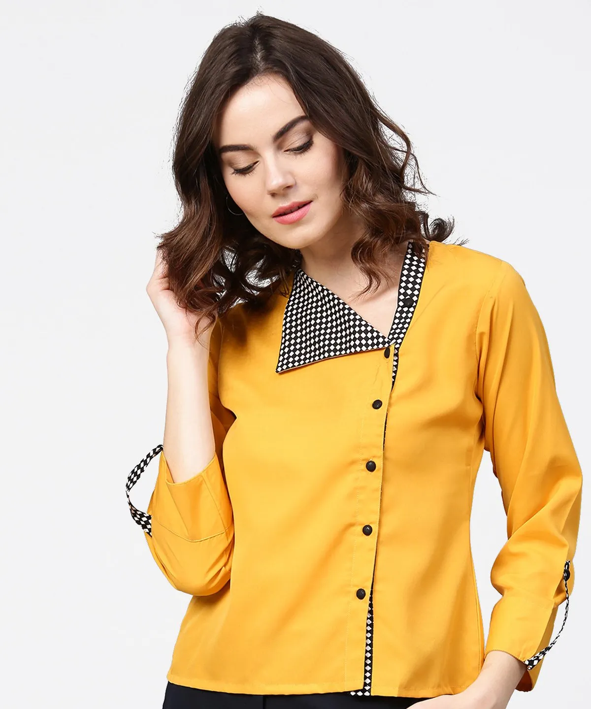 Yellow Full Sleeve Crepe Front Open Tops