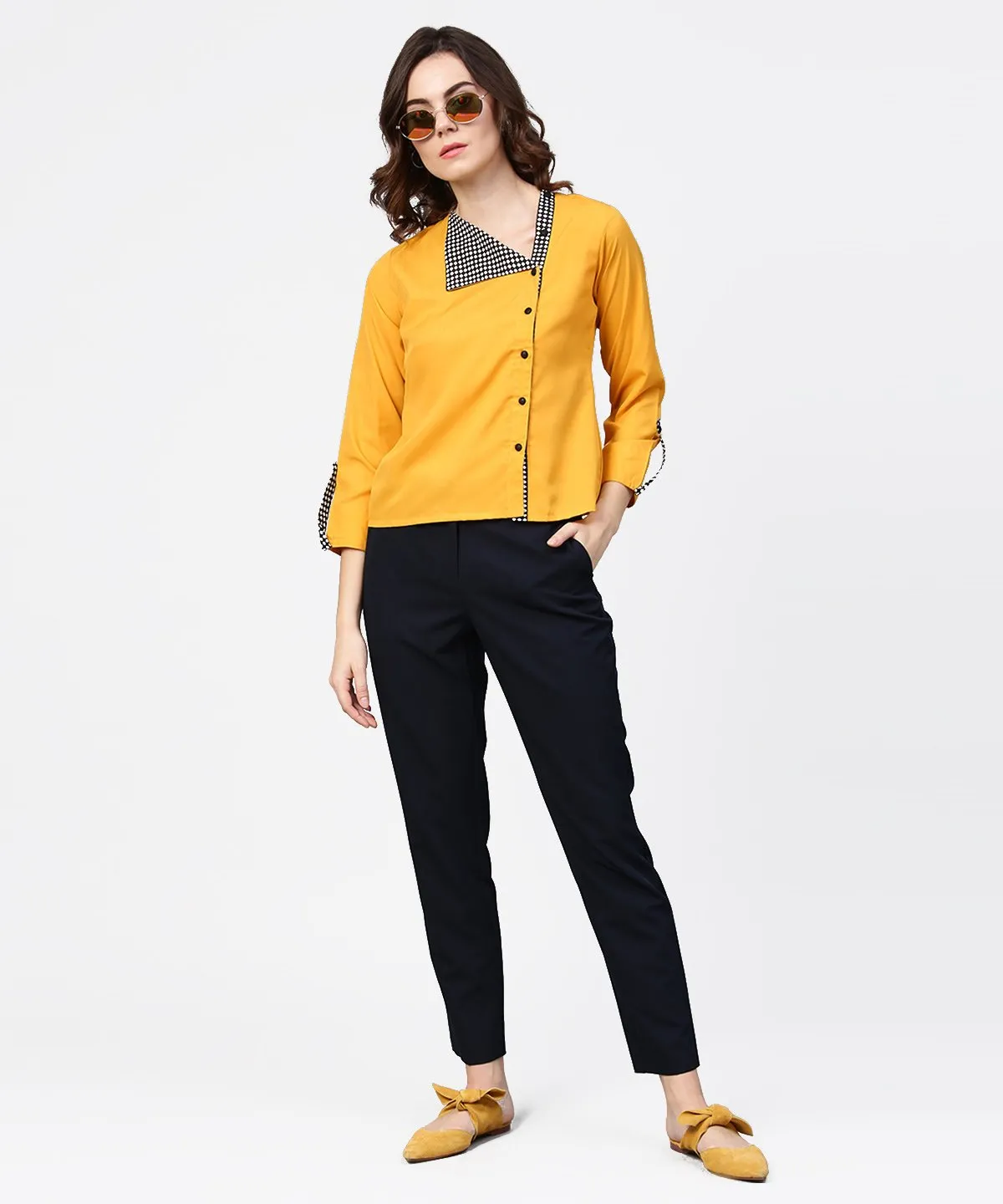 Yellow Full Sleeve Crepe Front Open Tops